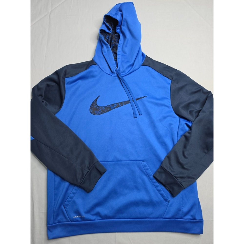 Nike Therma-Fit Hoodie Men's 2XL Blue Fleece Lined Swoosh Logo Kangaroo Pocket